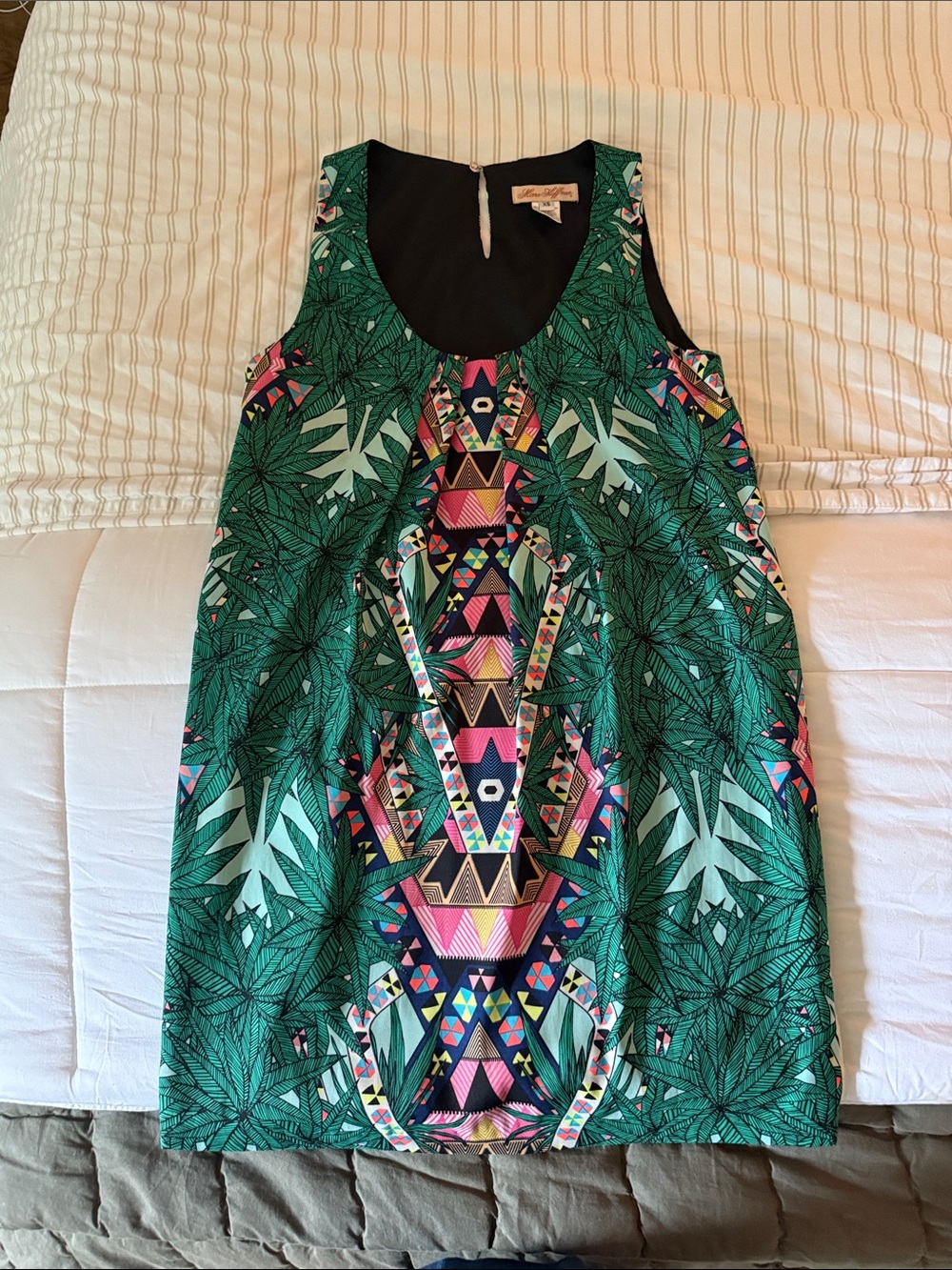 Mara Hoffman Green Tropical Print Mini Dress with Multicolor Geometric Panel